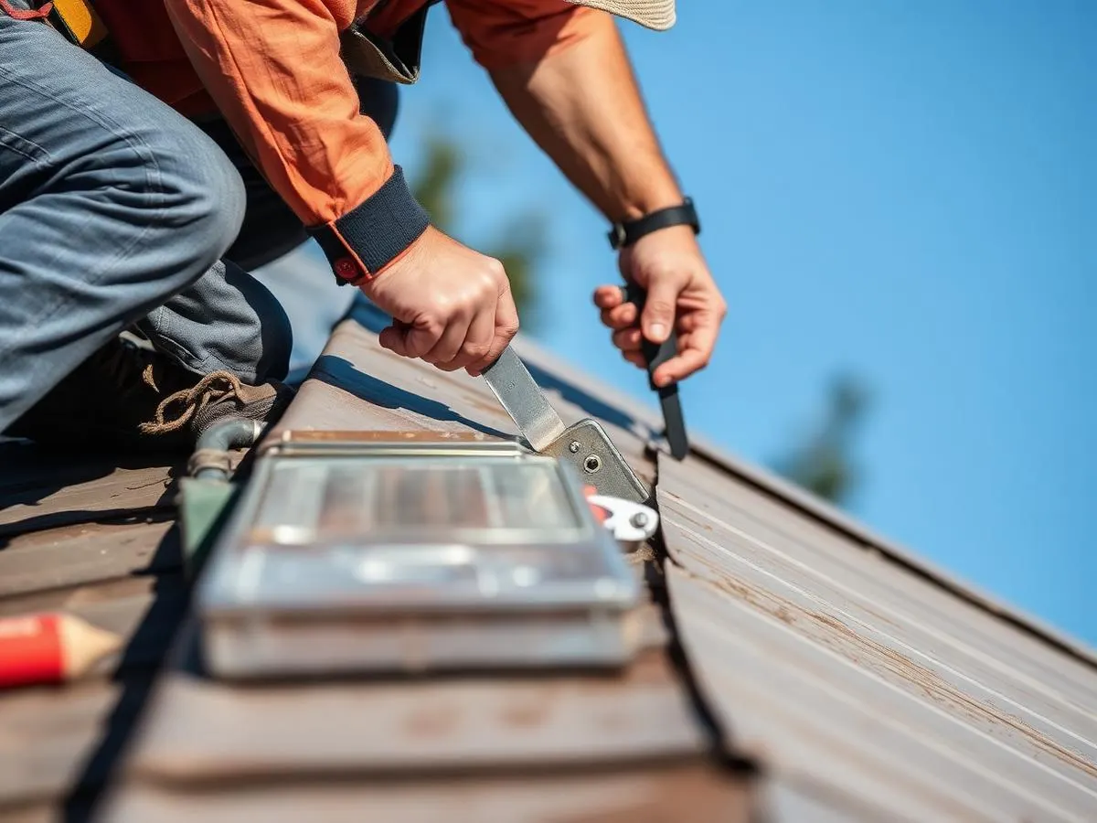 Roofer repairing metal roof flashing
